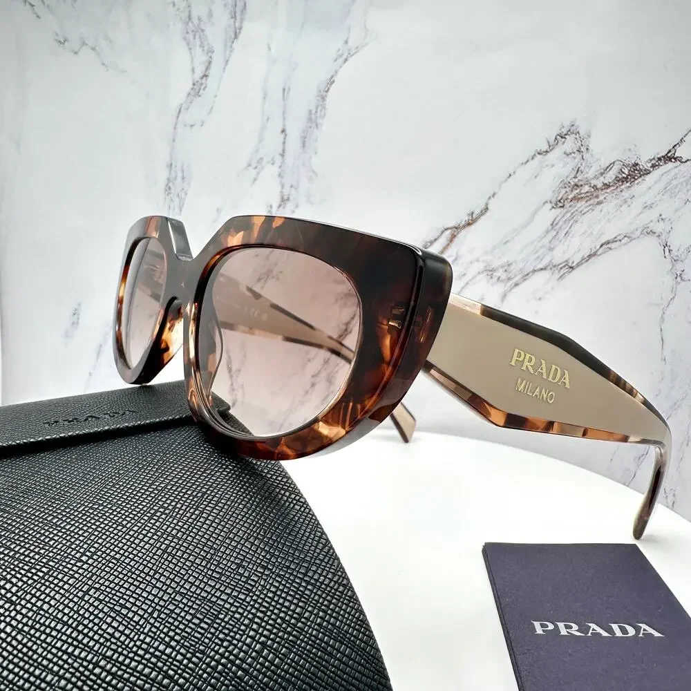 NEW PRADA Sunglasses Brown Tortoise Caramel Gold Symbole Oval Cat Eye Womens